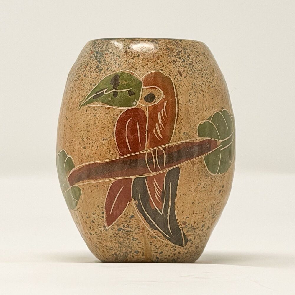 Vintage Hand Painted Parrot Pottery Vase Small Tropical Bird Decor